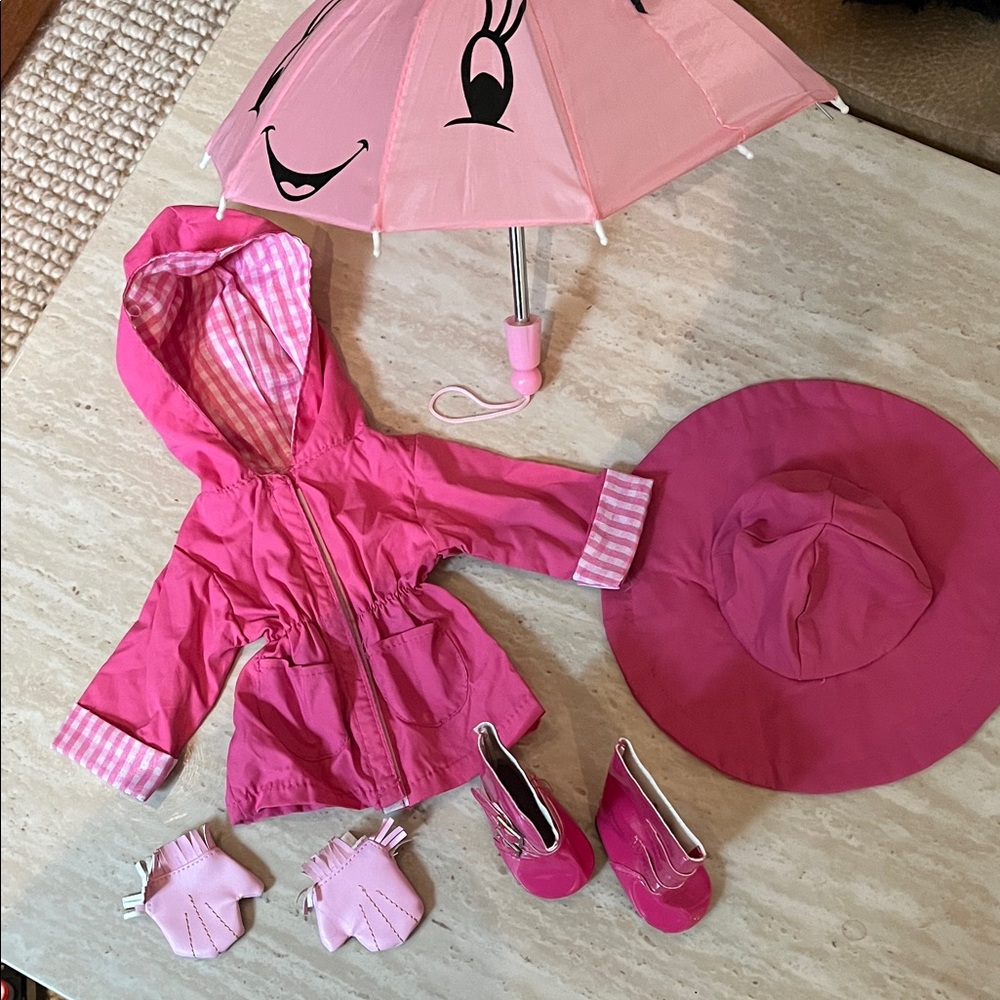 Our Generation pink raincoat, umbrella, boots, hats and gloves for 18” dill